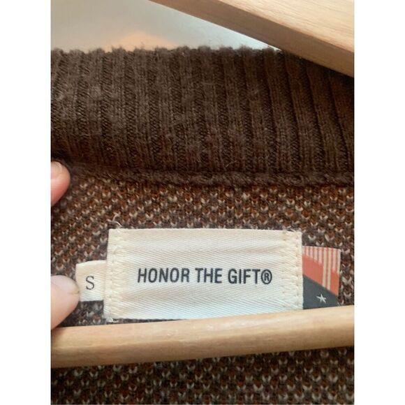 Honor The Gift Cardigan Sweater Crest Logo Knit‎ Brown Trim Oversized - Picture 7 of 16